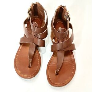 Express Brown Leather Flat Sandals Side Buckle Back Zipper SZ 9